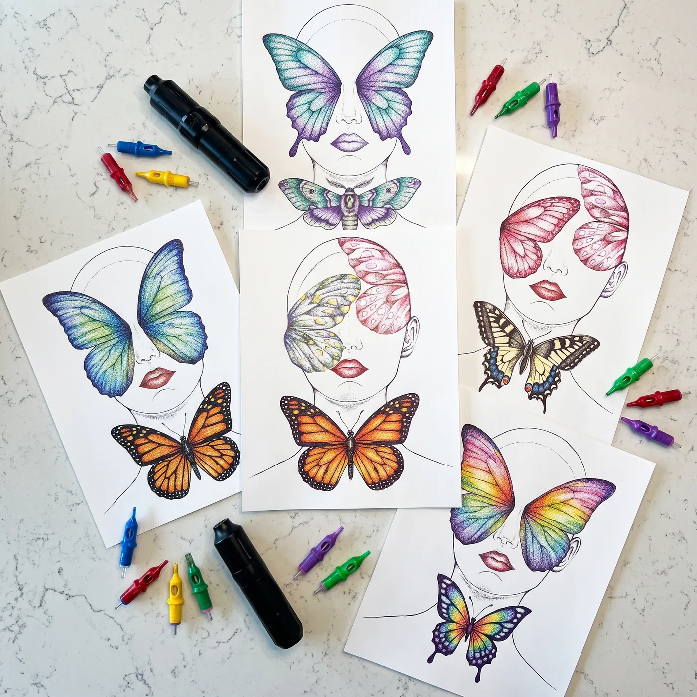 Five stippled butterfly face charts fanned out with machines and cartridges
