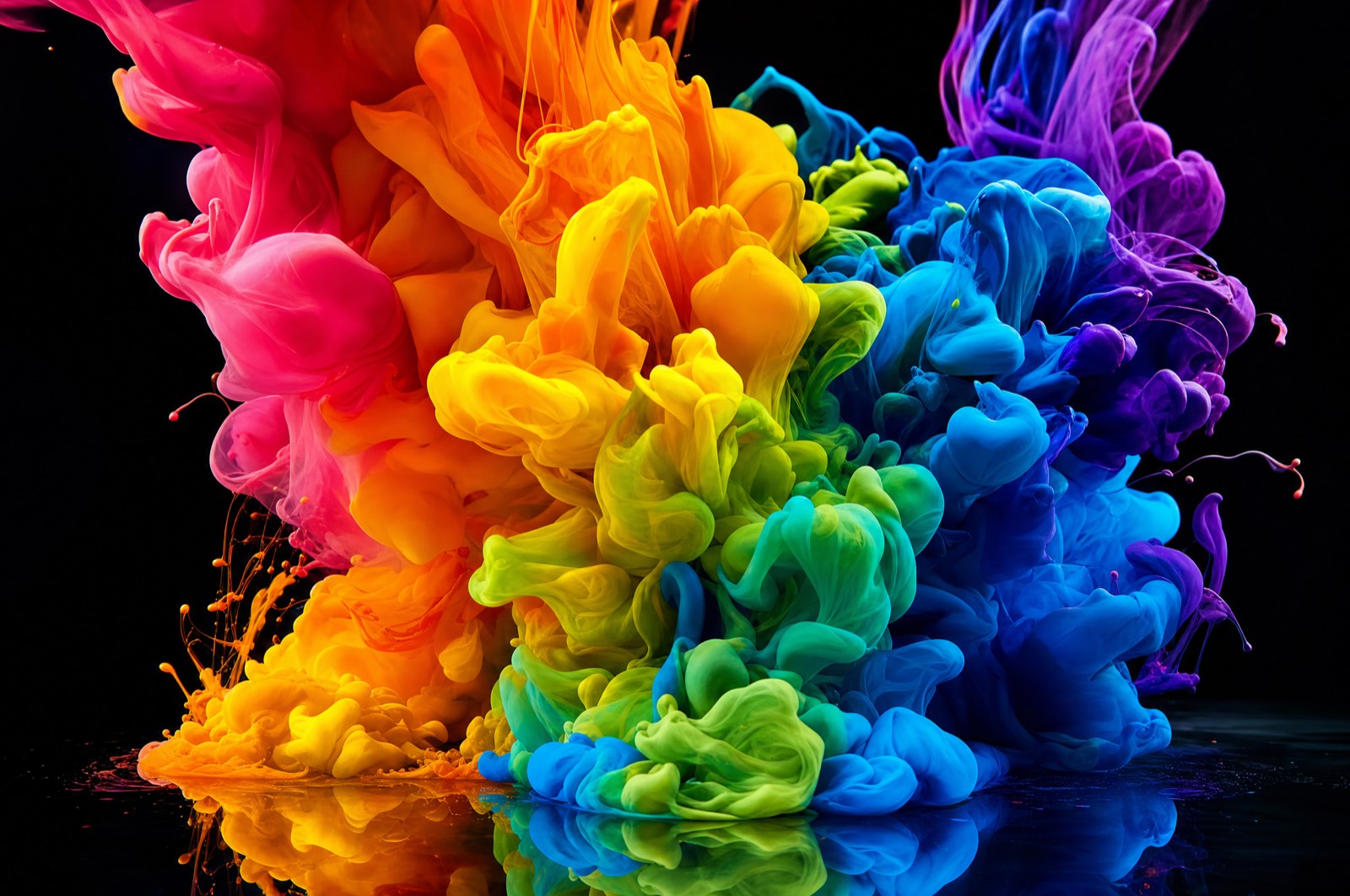 Macro of spectrum pigment ink blooming on black glass