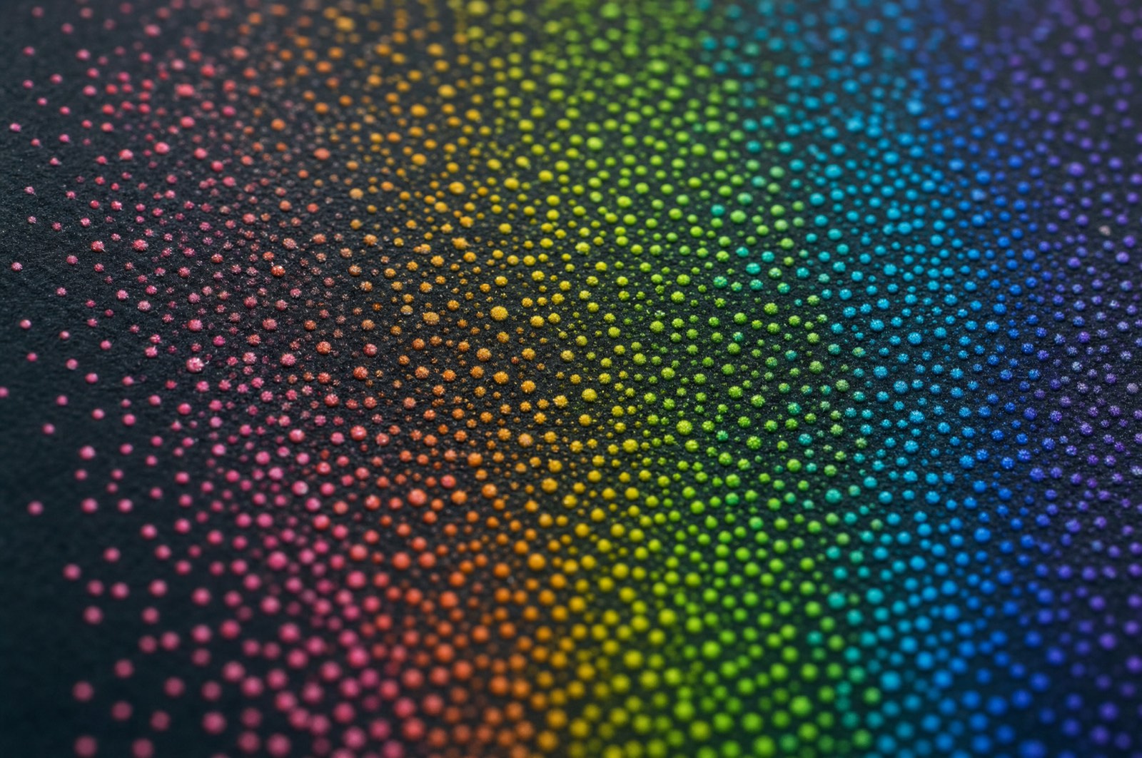 Macro of stippled pigment dots in a spectrum gradient on black paper